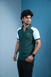 Dual-Tone Short Sleeve Zipper Collar T-Shirt for Men Trending Korean Fit-Bottle Green